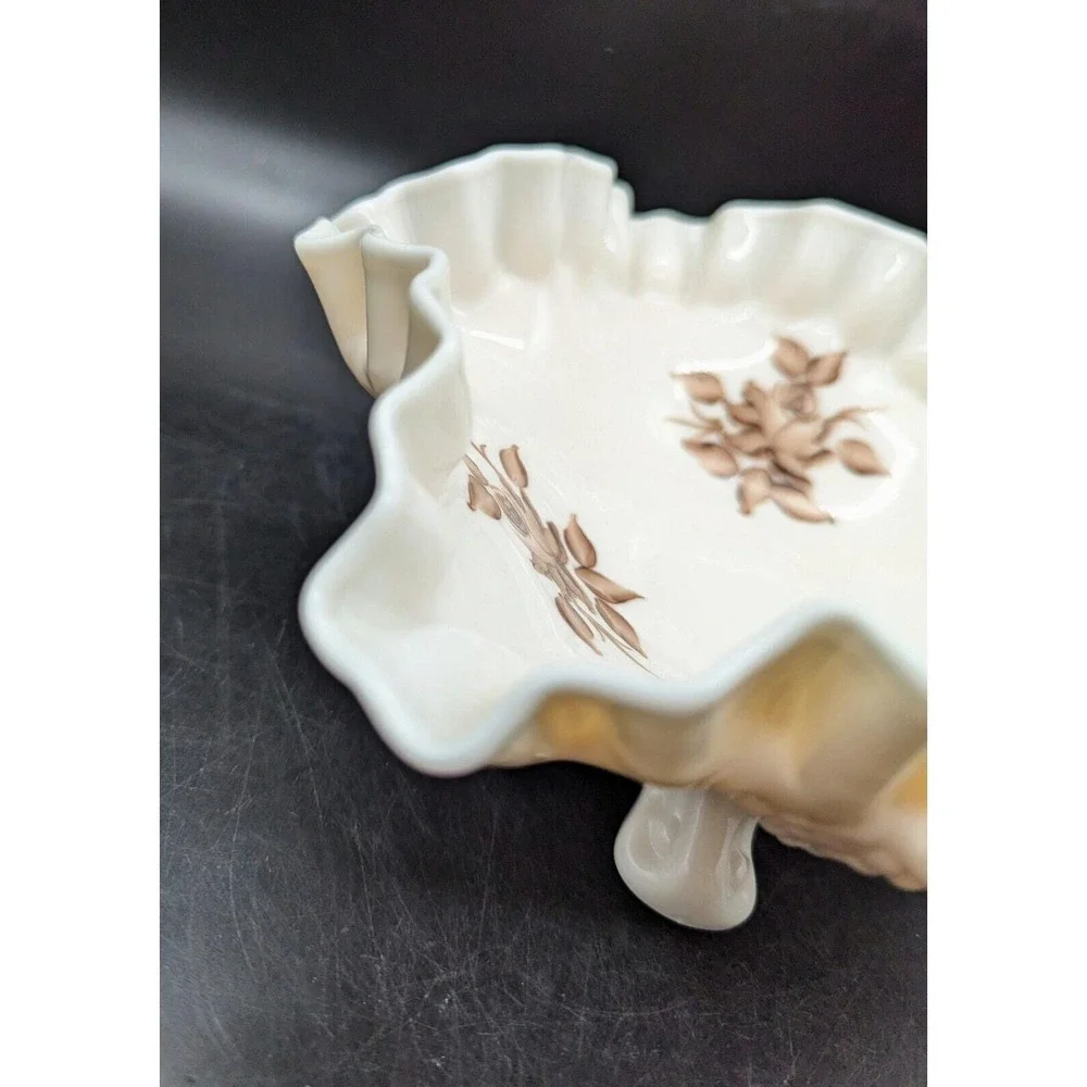 Vintage Fenton Beige & Brown flowers Hand-Painted Candy Dish Bowl Footed 8